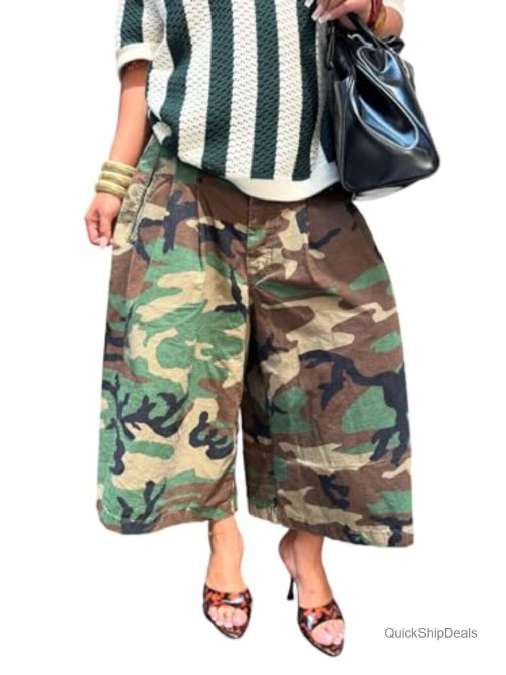 Y2K Camo Barrel Pants High Waisted Wide Leg Palazzo Army Fatigue Cropped
